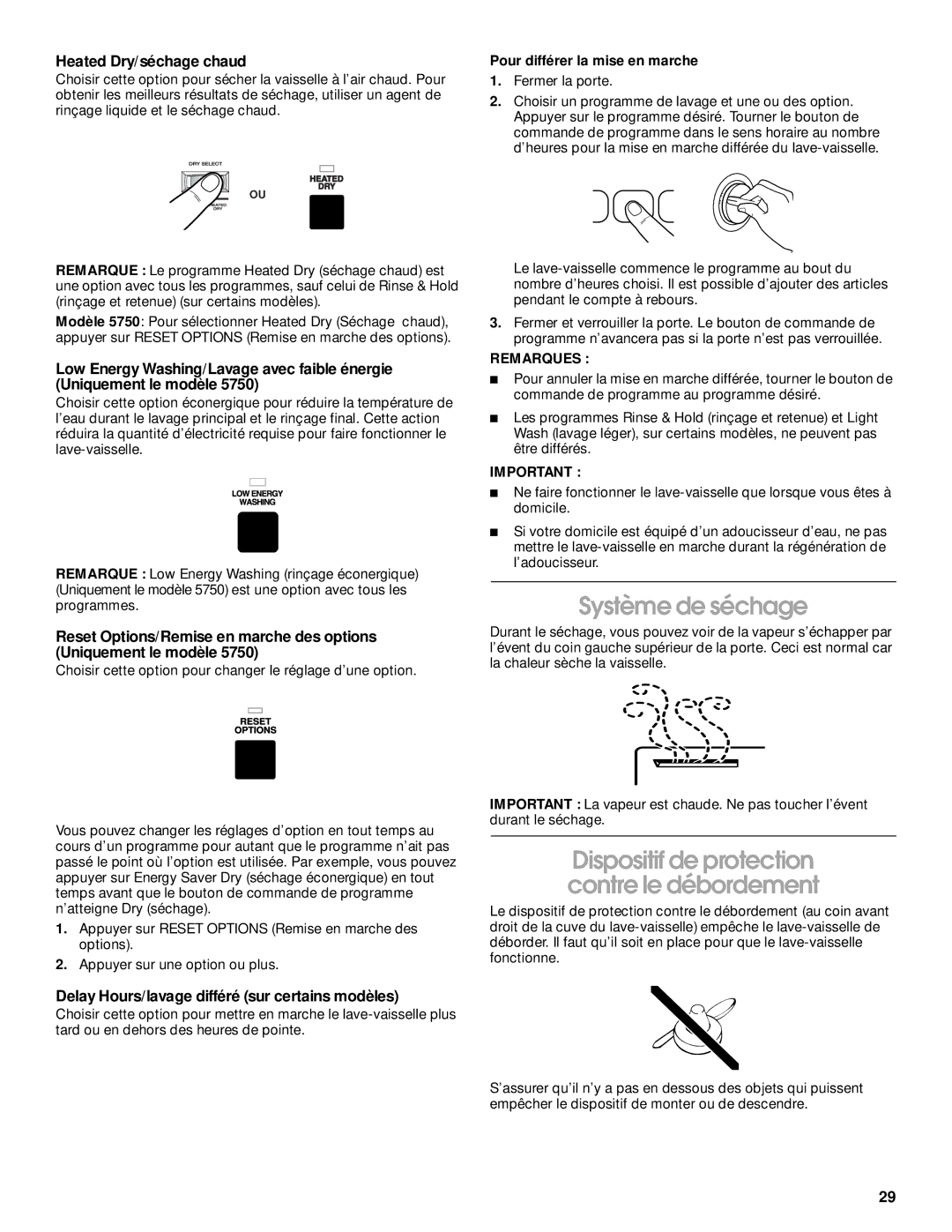 Roper RUD1000, RUD5000 manual Système de séchage, Dispositif de protection contre le débordement, Heated Dry/séchage chaud 