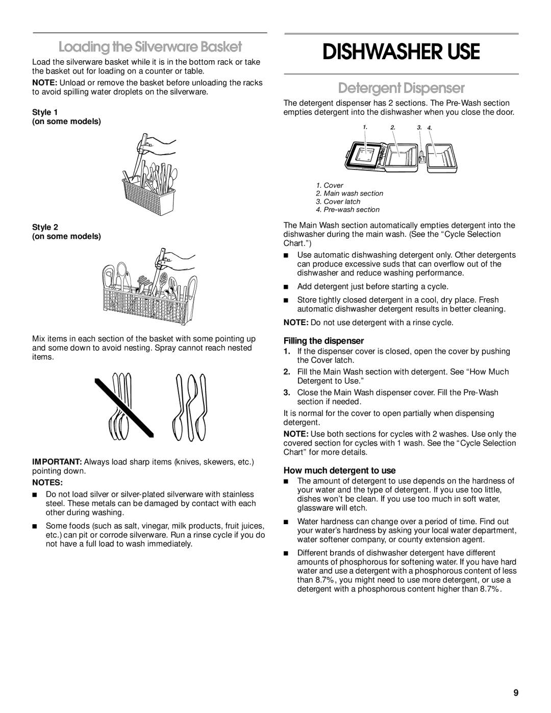 Roper RUD1000, RUD5000, RUD5750 Dishwasher USE, Loading the Silverware Basket, Detergent Dispenser, Filling the dispenser 