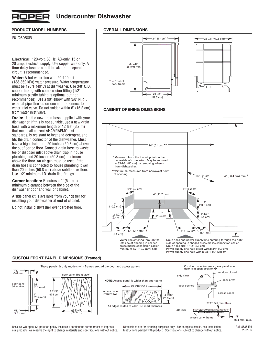 Roper RUD6050R dimensions Undercounter Dishwasher, Product Model Numbers Overall Dimensions, Cabinet Opening Dimensions 