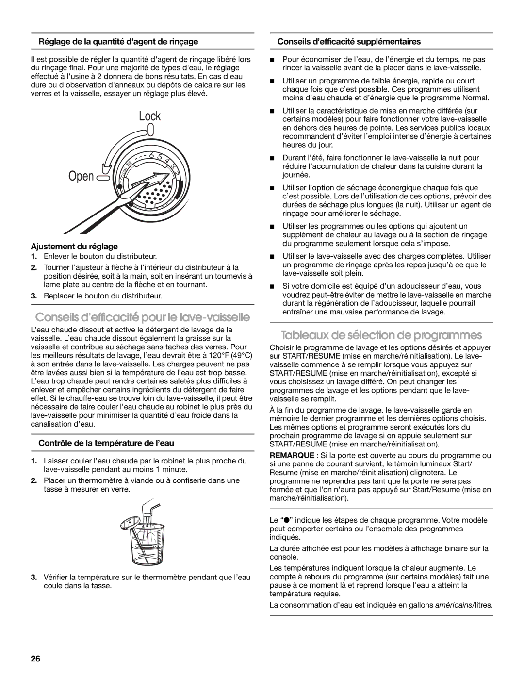 Roper RUD8000S Conseils d’efficacité pour le lave-vaisselle, Tableaux de sélection de programmes, Ajustement du réglage 