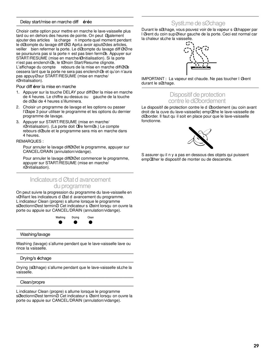 Roper RUD8000S manual Indicateurs d’état d’avancement Du programme, Système de séchage 