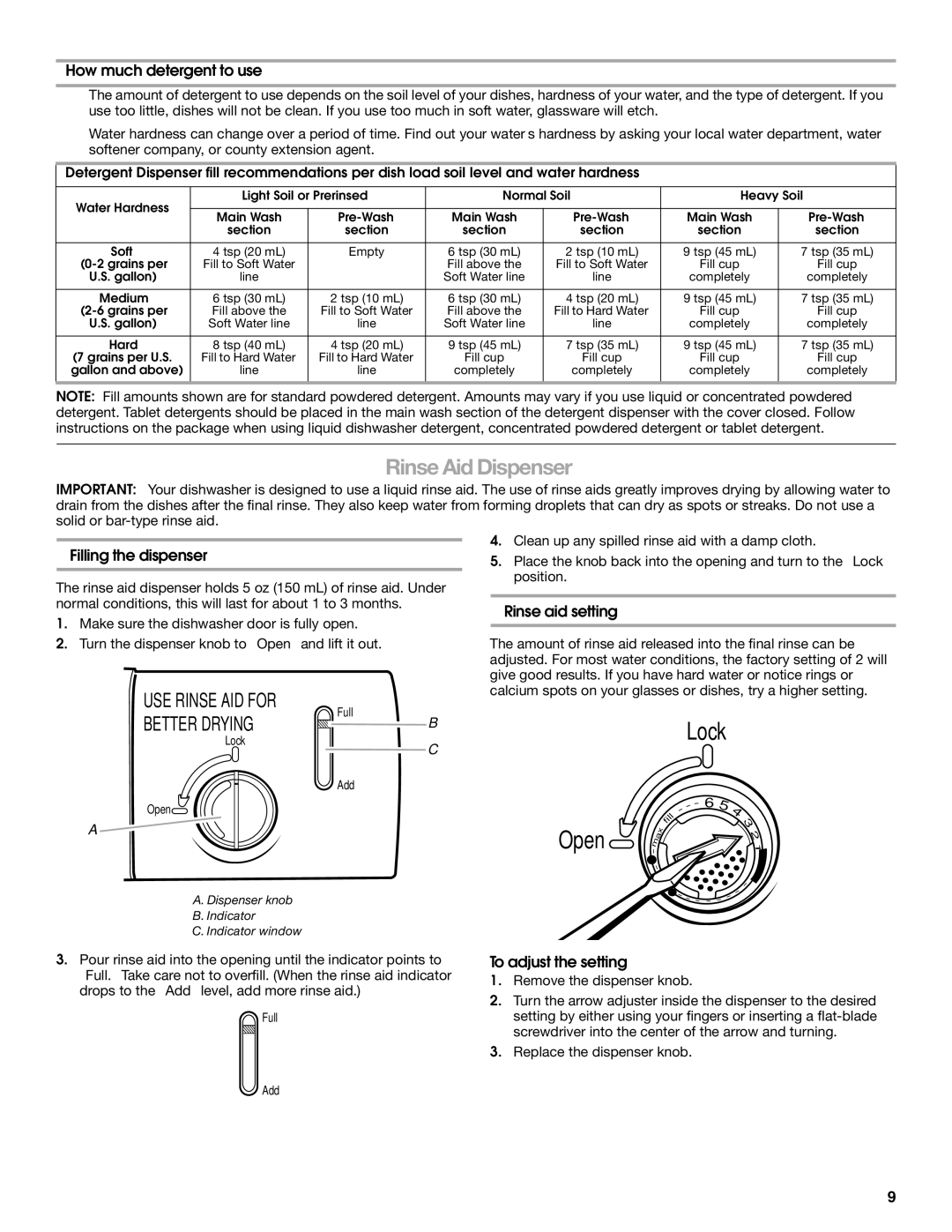 Roper RUD8000S manual Rinse Aid Dispenser, How much detergent to use, Rinse aid setting, To adjust the setting 