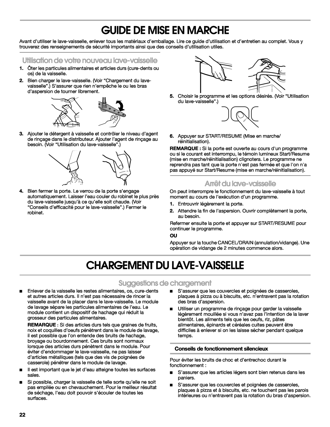 Roper RUD8000S manual Guide De Mise En Marche, Chargement Du Lave-Vaisselle, Utilisation de votre nouveau lave-vaisselle 