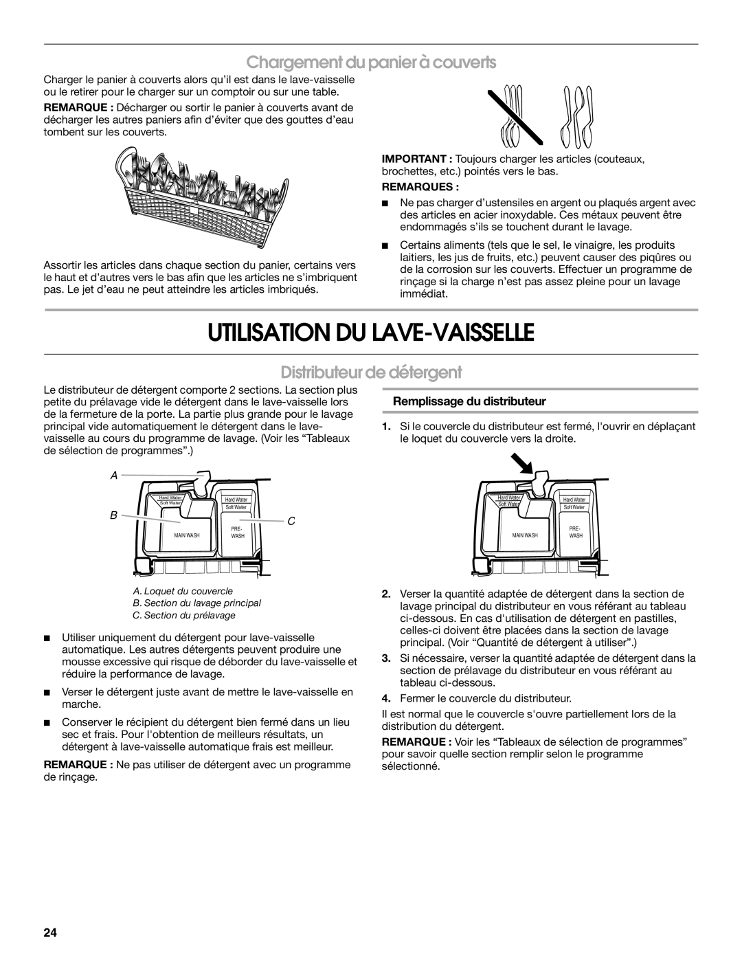 Roper RUD8000S manual Utilisation Du Lave-Vaisselle, Chargement du panier à couverts, Distributeur de détergent, Remarques 