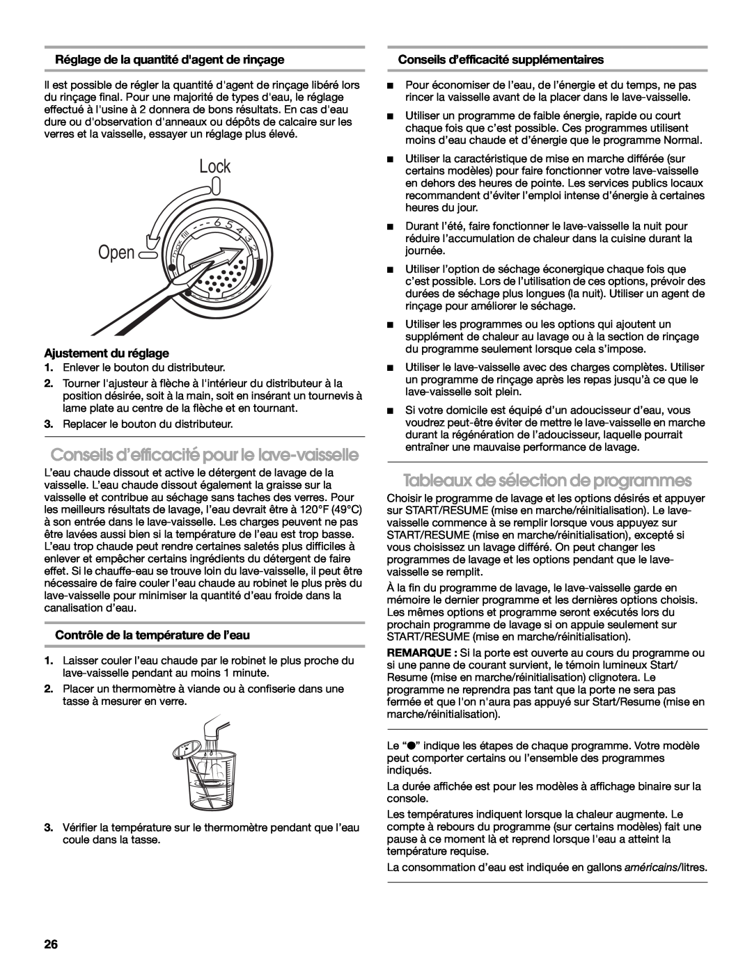 Roper RUD8000S Conseils d’efficacité pour le lave-vaisselle, Tableaux de sélection de programmes, Ajustement du réglage 