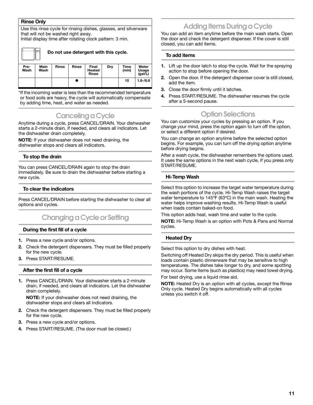 Roper RUD8050S manual Adding Items During a Cycle, Canceling a Cycle, Changing a Cycle or Setting, Option Selections 