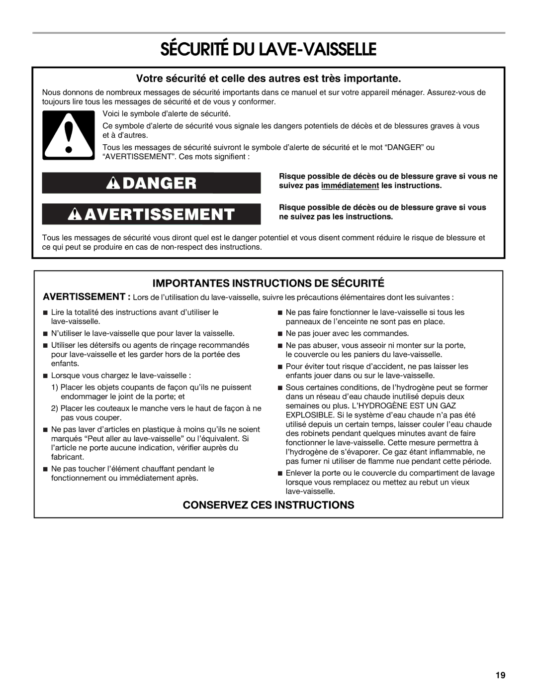 Roper RUD8050S manual Sécurité DU LAVE-VAISSELLE, Votre sécurité et celle des autres est très importante 