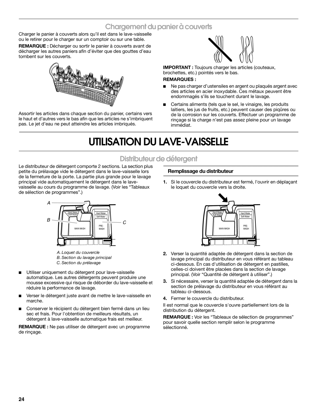 Roper RUD8050S manual Utilisation DU LAVE-VAISSELLE, Chargement du panier à couverts, Distributeur de détergent 