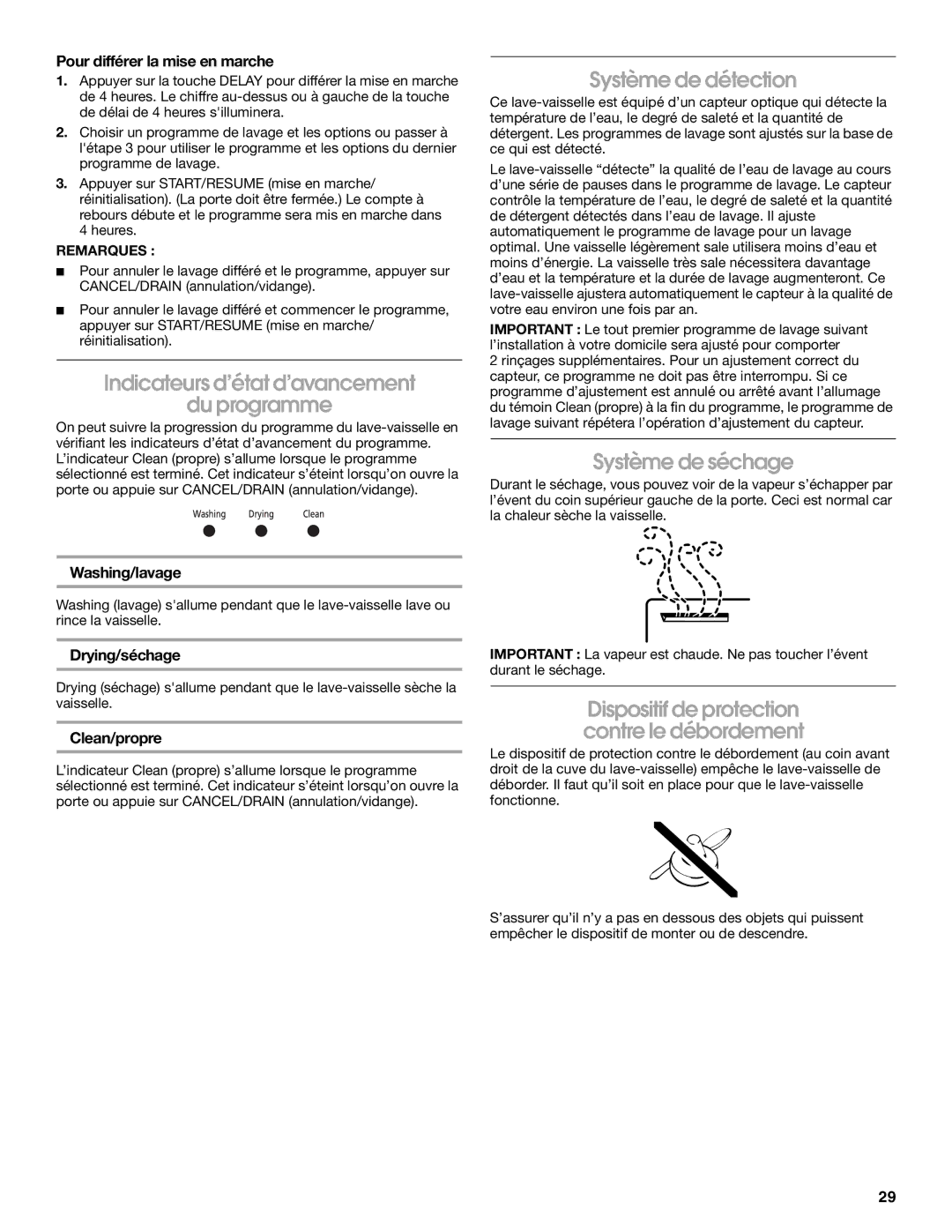 Roper RUD8050S manual Indicateurs d’état d’avancement Du programme, Système de détection, Système de séchage 