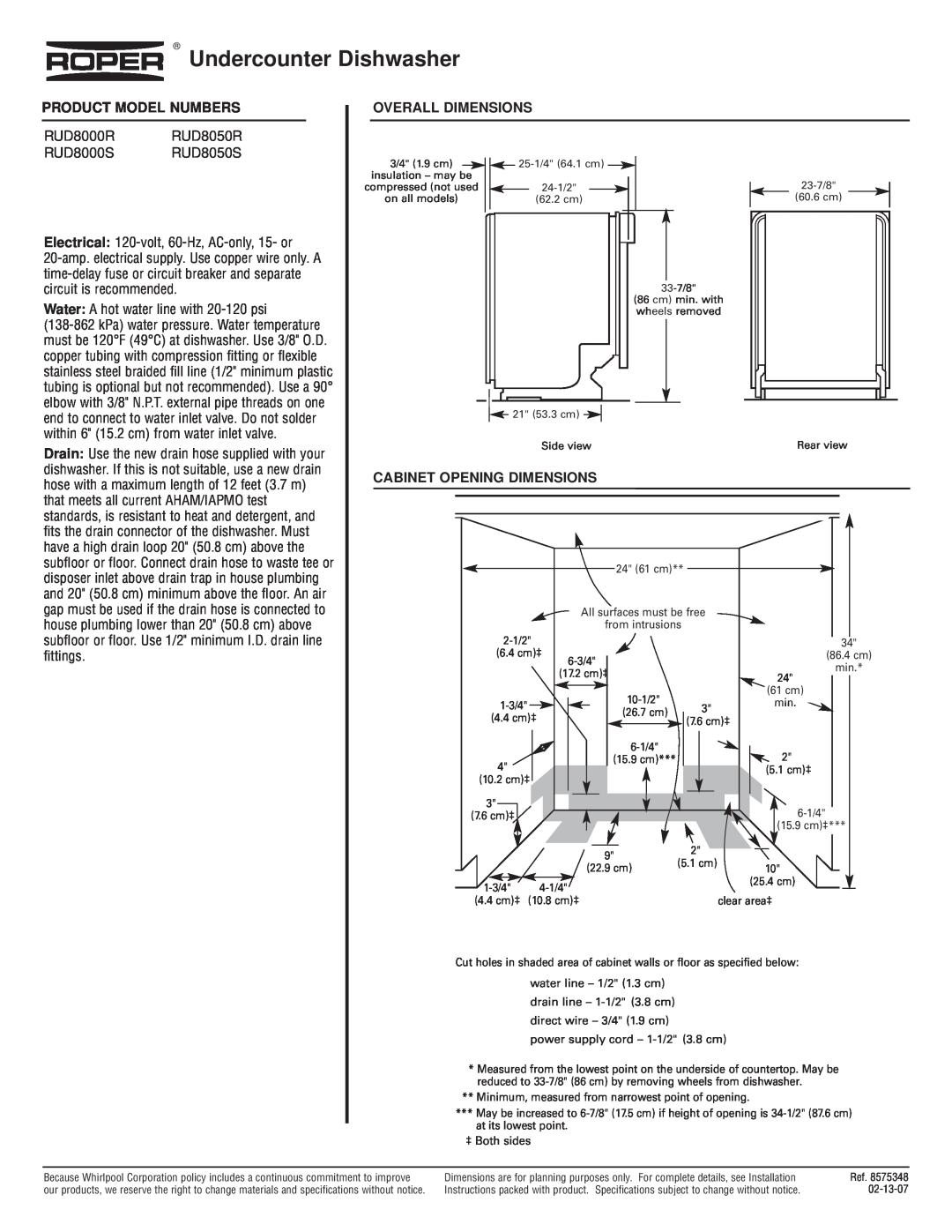 Roper dimensions Undercounter Dishwasher, Product Model Numbers, RUD8000R RUD8050R RUD8000S RUD8050S 