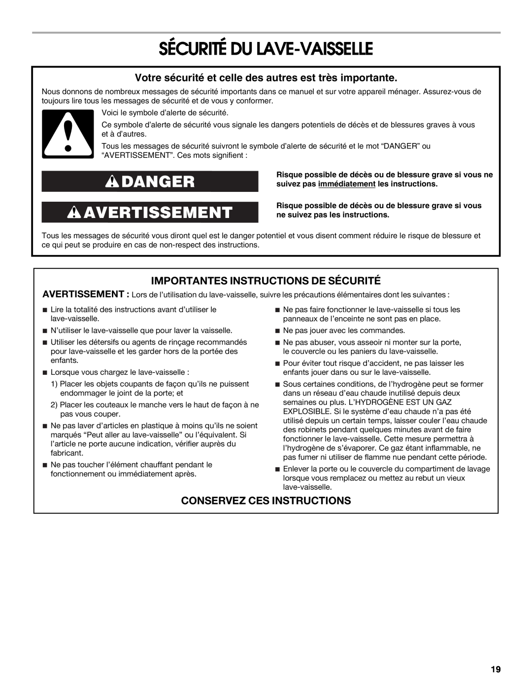 Roper RUD8050S manual Sécurité Du Lave-Vaisselle, Danger Avertissement, Importantes Instructions De Sécurité 