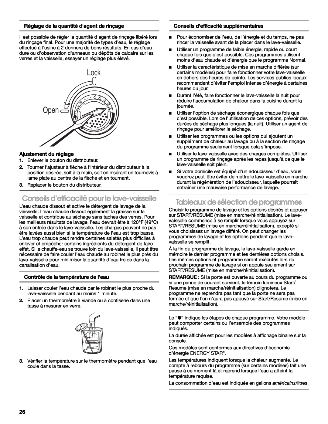 Roper RUD8050S Conseils d’efficacité pour le lave-vaisselle, Tableaux de sélection de programmes, Ajustement du réglage 