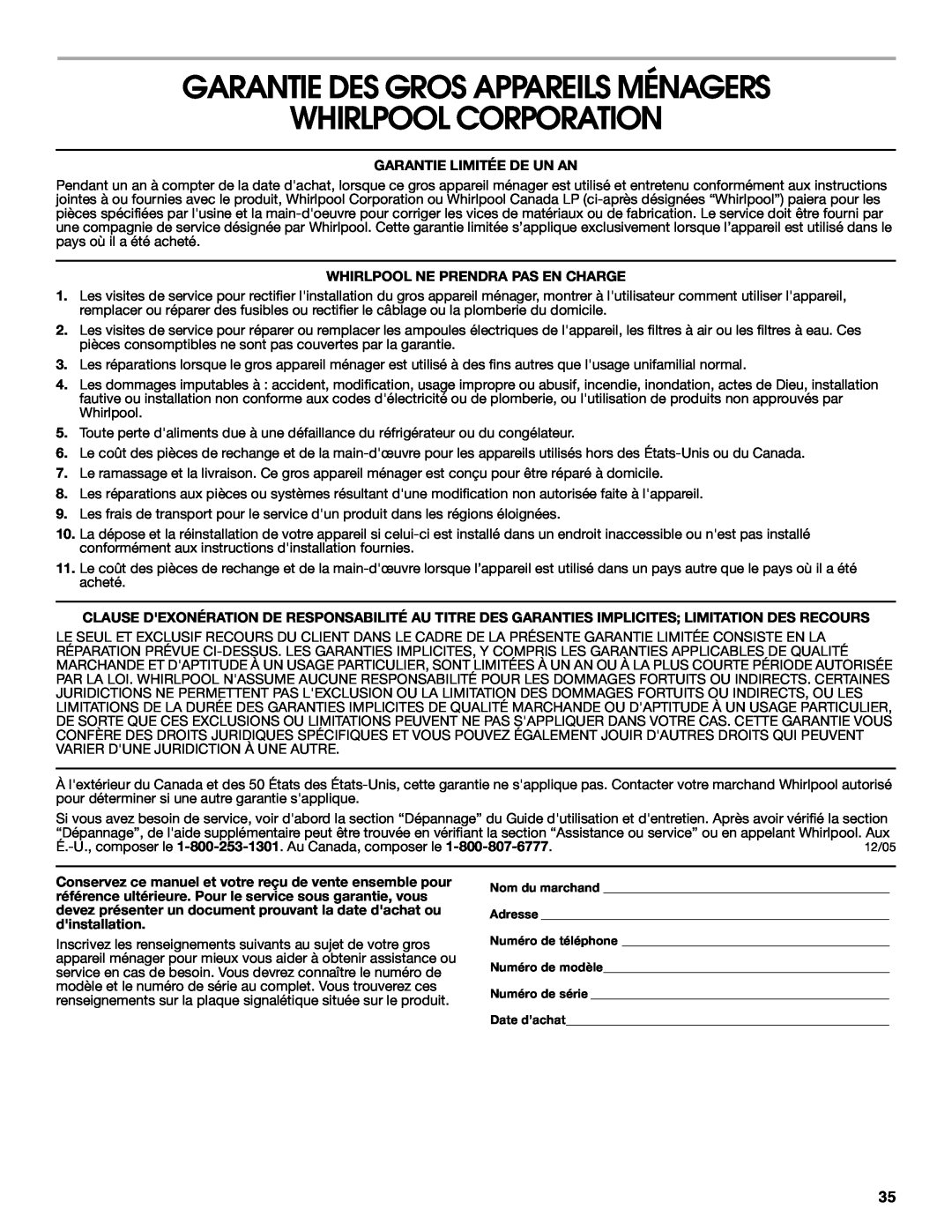 Roper RUD8050S manual Garantie Des Gros Appareils Ménagers, Whirlpool Corporation, Garantie Limitée De Un An 