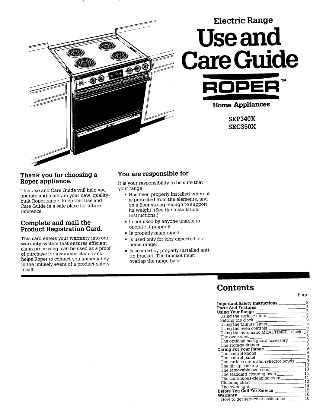 Roper SEP340X, SEC350X warranty Electric Range, Contents 