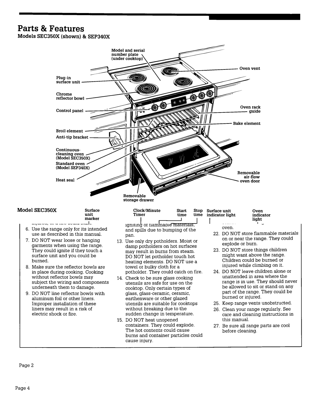 Roper warranty Parts & Features, Models SEC350X shown & SEP340X, Model SEC350X, Model SEP340X 