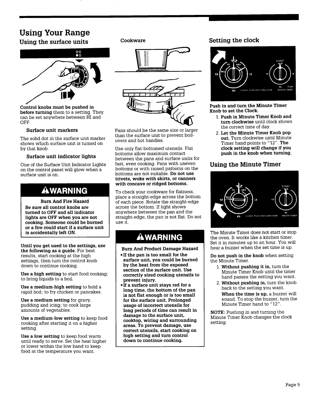 Roper SEP340X, SEC350X warranty Using Your Range, Using the surface units, Setting the clock, Using the Minute Timer 