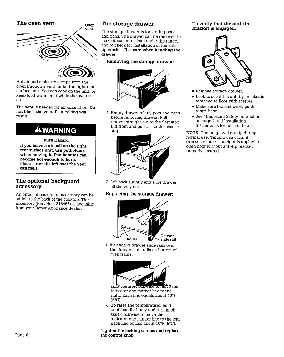 Roper SEC350X, SEP340X warranty Oven vent, Optional backguard accessory, Storage drawer 