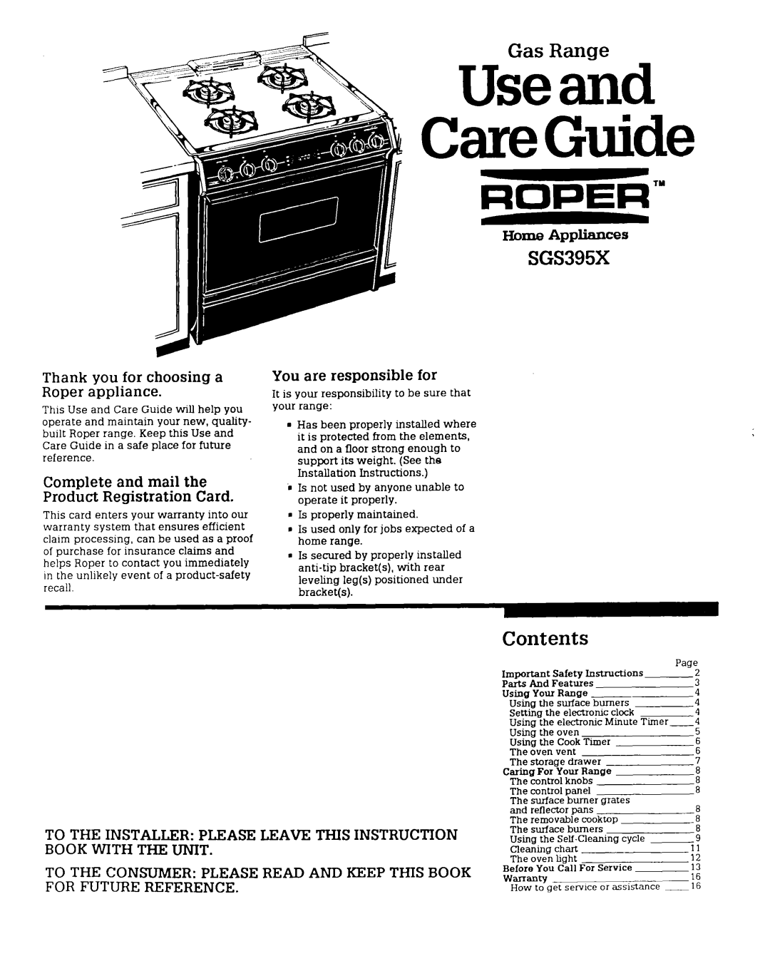 Roper SGS395X warranty Gas Range, Contents 