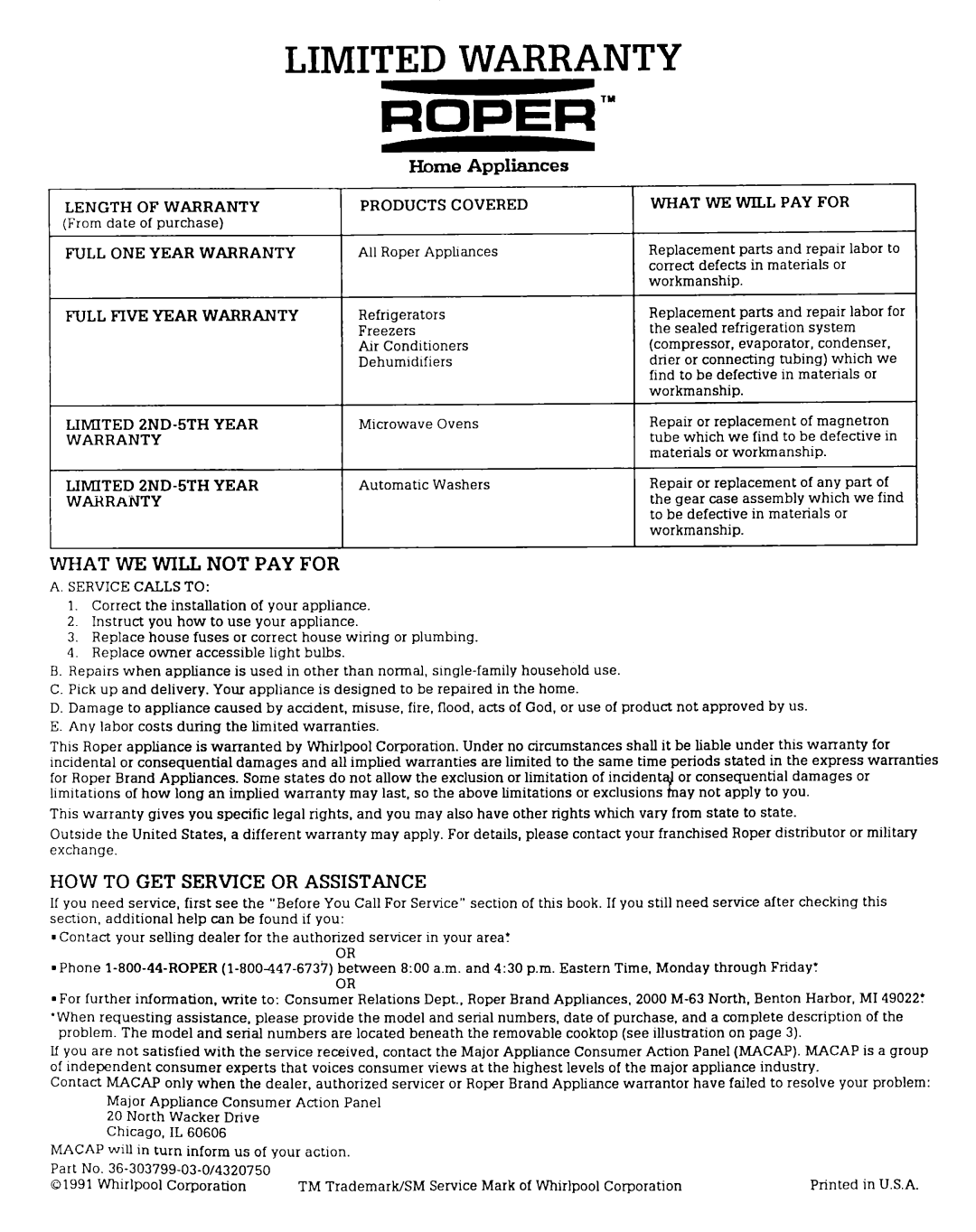 Roper SGS395X warranty Limited Warranty, Home Appliances 