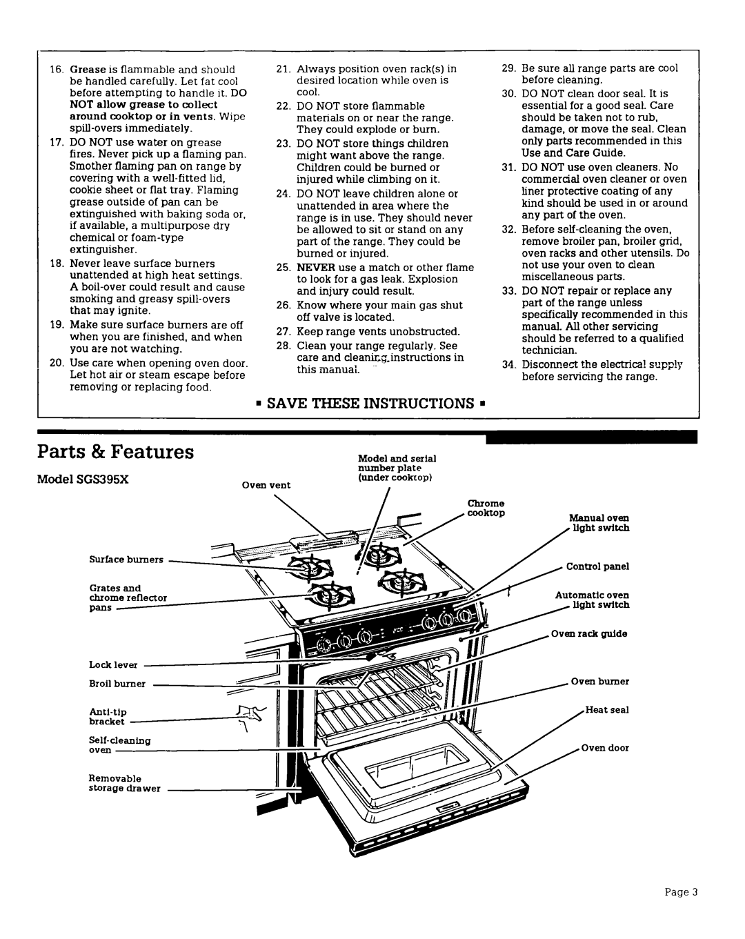 Roper warranty Parts & Features, Model SGS395X 