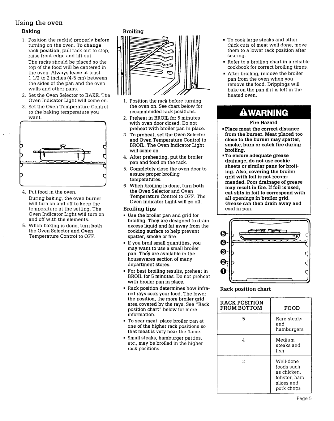 Roper SGS395X warranty Using the oven Baking, Broiling, Rack position chart, Rack Position 