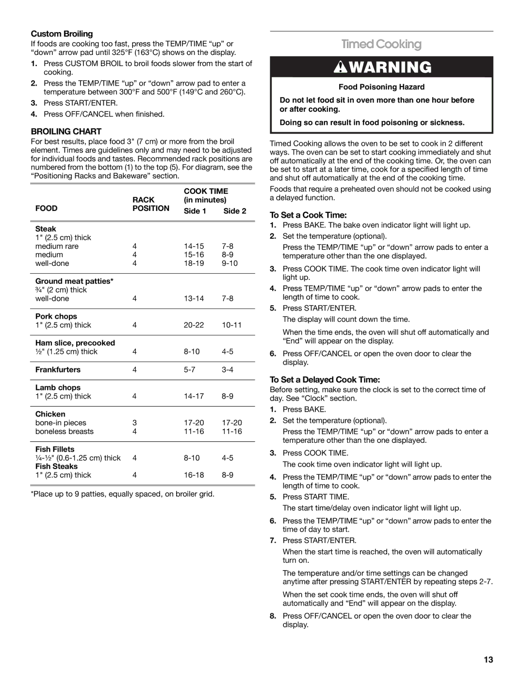 Roper W10017690 manual Timed Cooking, Custom Broiling, Broiling Chart, To Set a Cook Time, To Set a Delayed Cook Time 