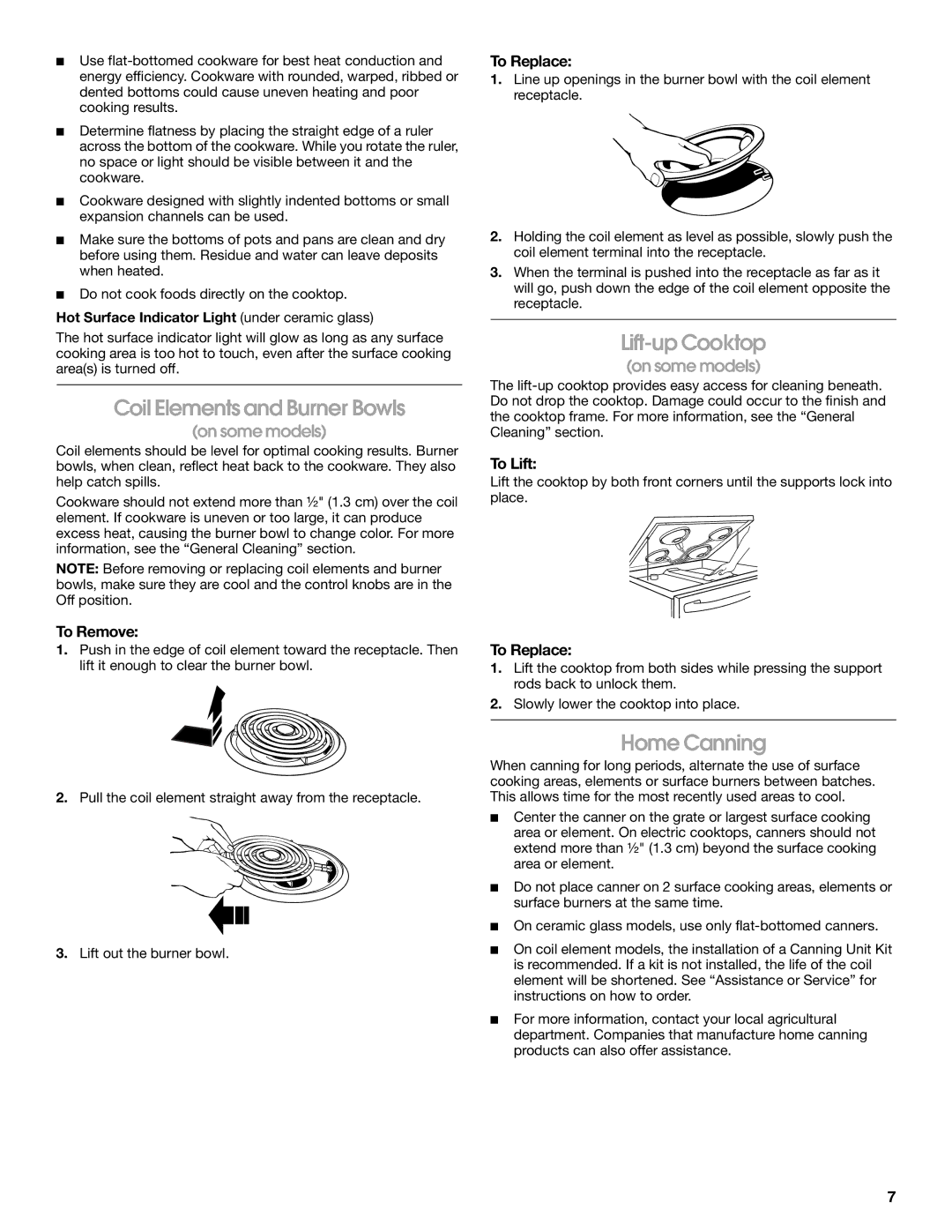 Roper W10017690 manual Coil Elements and Burner Bowls, Lift-up Cooktop, Home Canning 