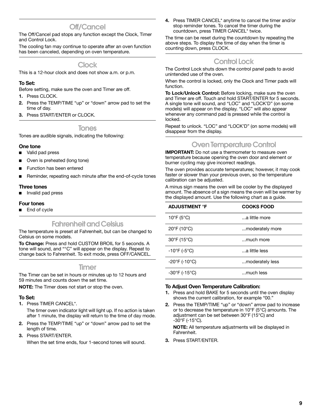 Roper W10017690 manual Off/Cancel, Clock, Tones, Fahrenheit and Celsius, Timer, Control Lock, Oven Temperature Control 