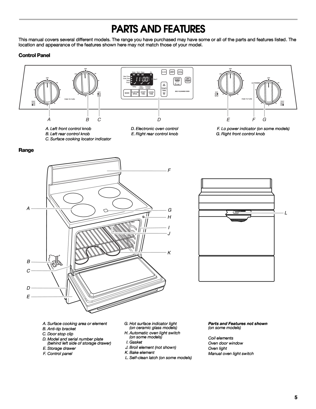 Roper W10017690 manual Parts And Features, Control Panel, Range, I J K B C D E 