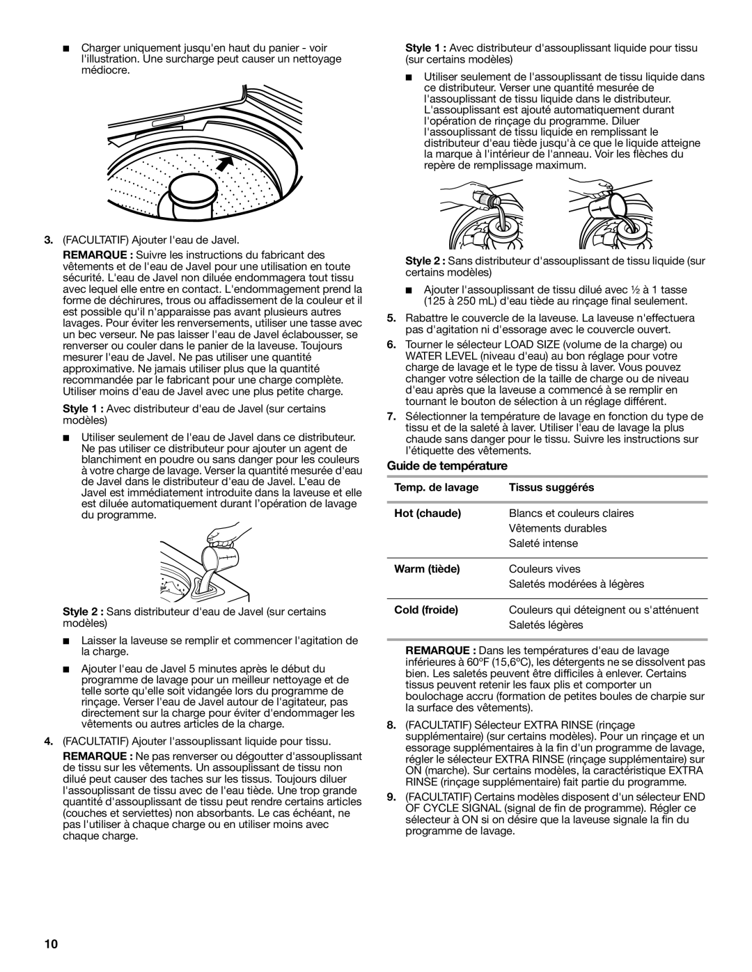 Roper W10150599A warranty Guide de température, Temp. de lavage Tissus suggérés Hot chaude, Warm tiède, Cold froide 