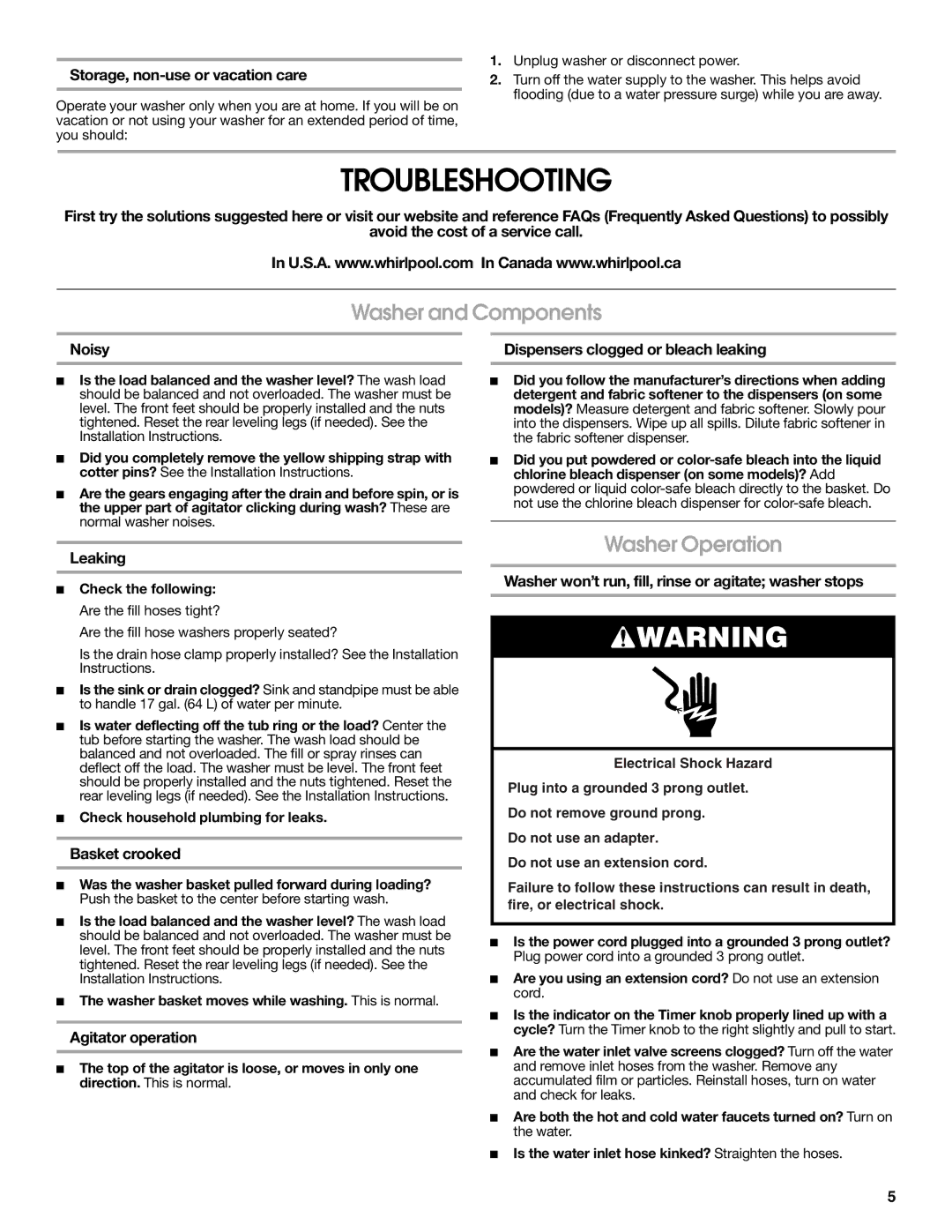 Roper W10150599A warranty Troubleshooting, Washer and Components, Washer Operation 