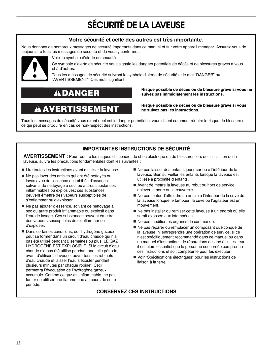 Roper W10200824A, SP W10200825A warranty Sécurité DE LA Laveuse, Votre sécurité et celle des autres est très importante 