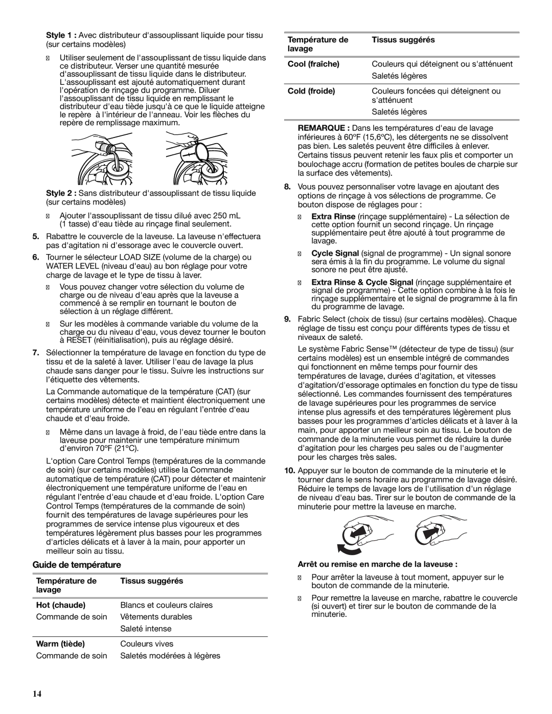 Roper W10200824A, SP W10200825A warranty Guide de température, Température de Tissus suggérés Lavage Hot chaude, Warm tiède 