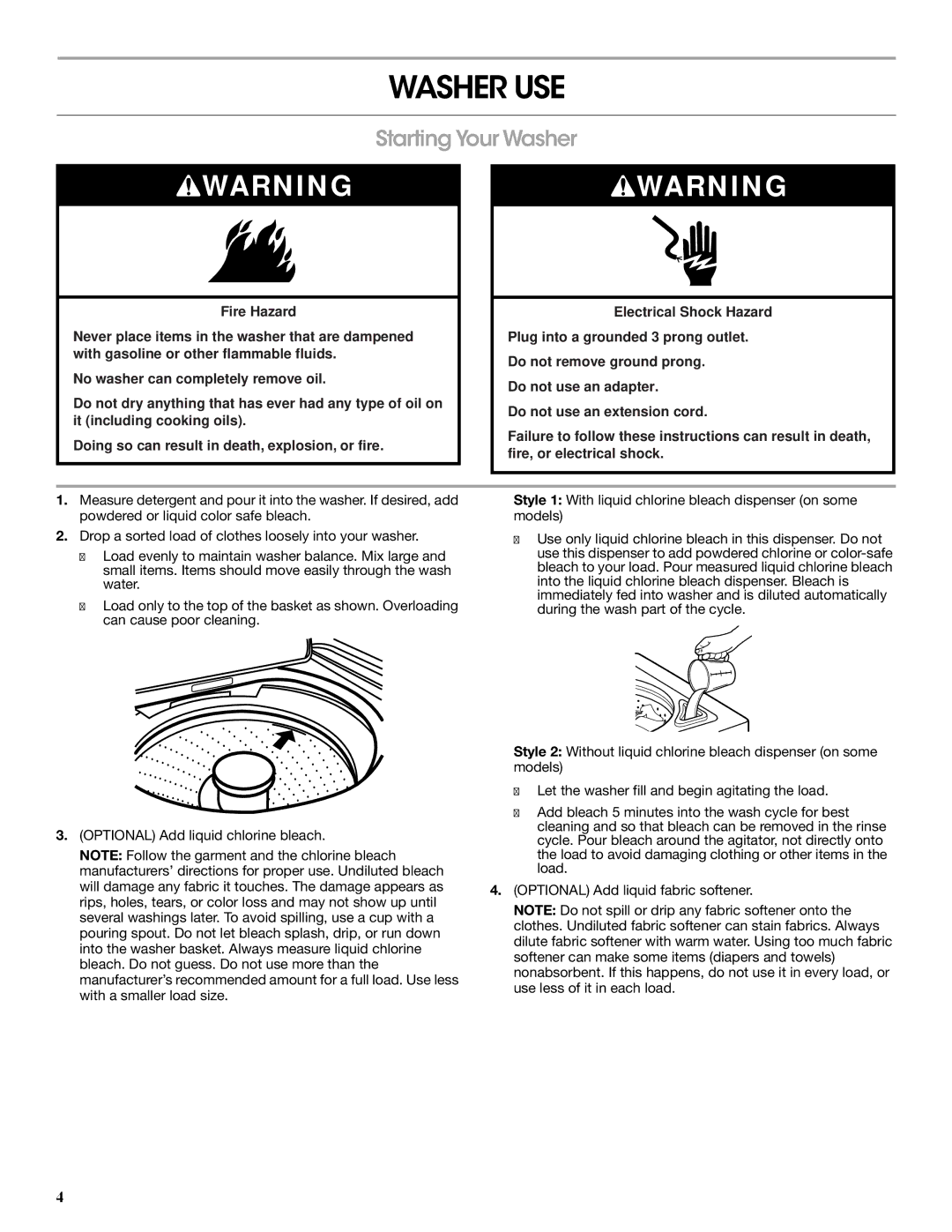 Roper W10200824A, SP W10200825A warranty Washer USE, Starting Your Washer 