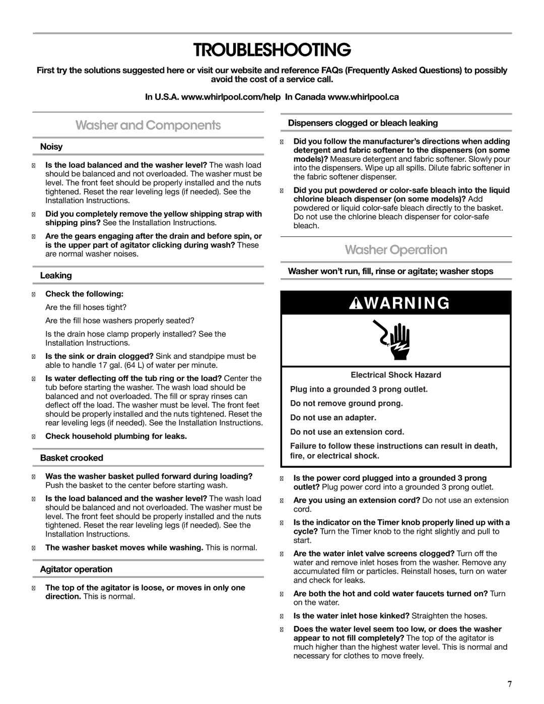 Roper SP W10200825A, W10200824A warranty Troubleshooting, Washer and Components, Washer Operation 