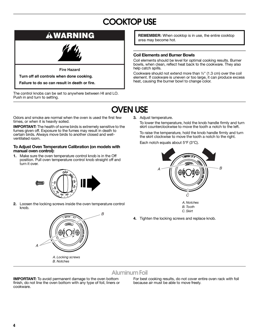 Roper W10204318A warranty Cooktop USE, Oven USE, Aluminum Foil, Coil Elements and Burner Bowls 