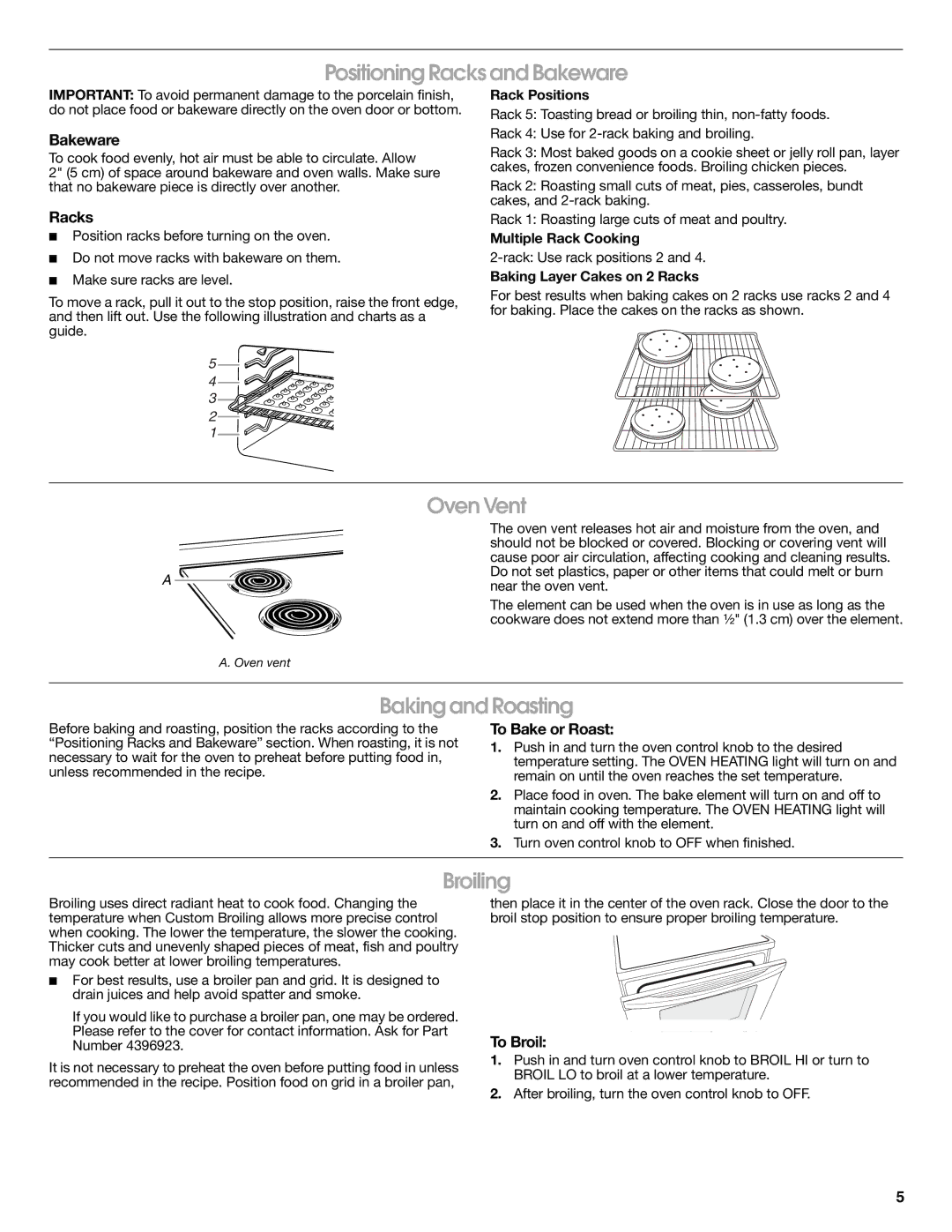 Roper W10204318A warranty Positioning Racks and Bakeware, Oven Vent, Baking and Roasting, Broiling 