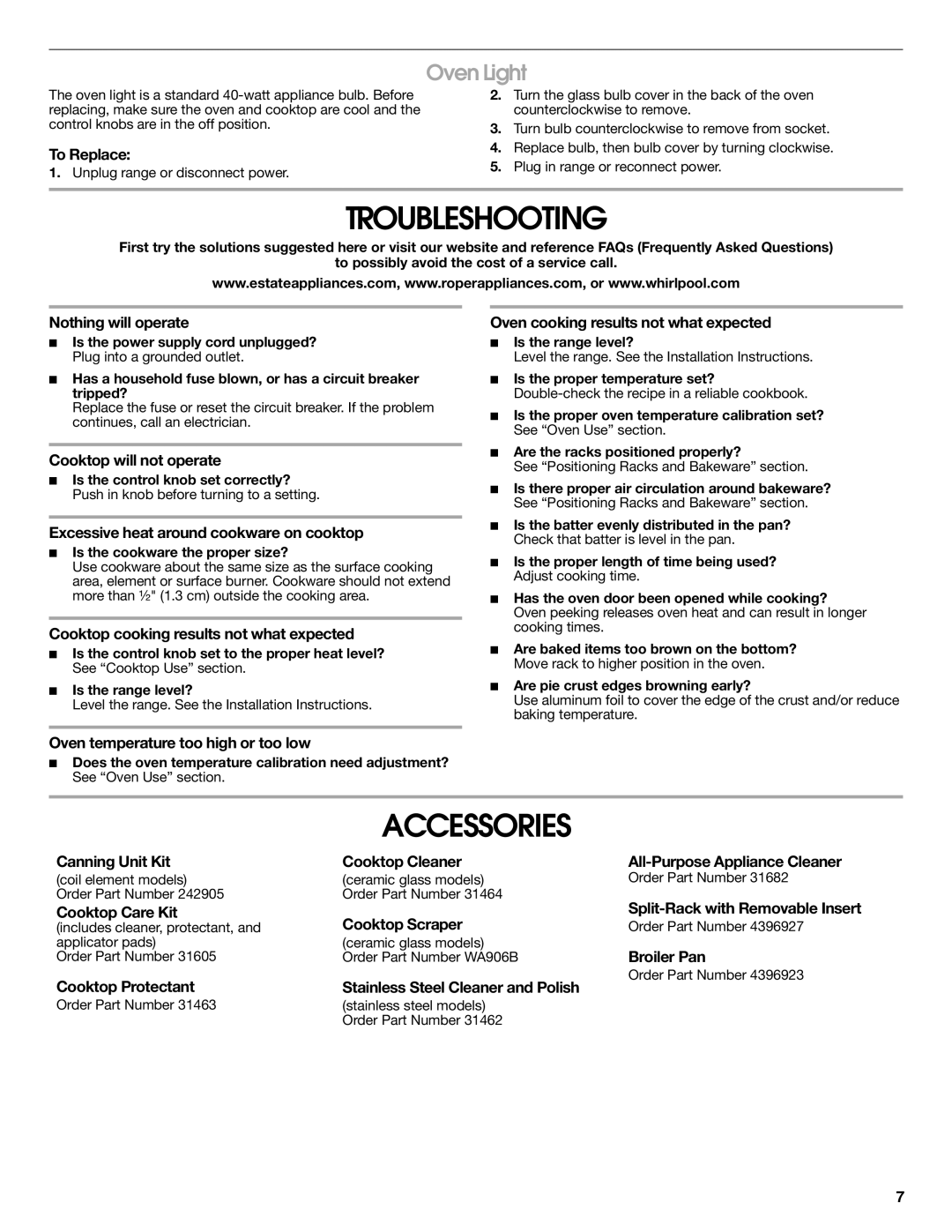 Roper W10204318A warranty Troubleshooting, Accessories, Oven Light 