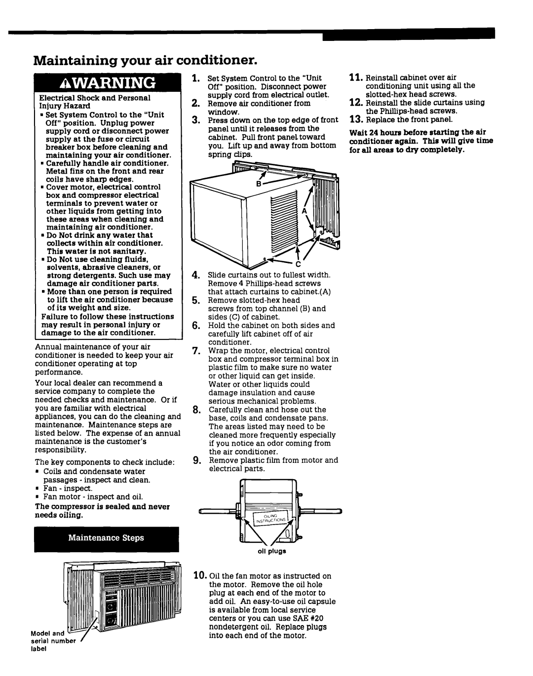 Roper X05002W0 installation instructions Maintaining your air conditioner, Electrical Shock and Personal njury Hazard 