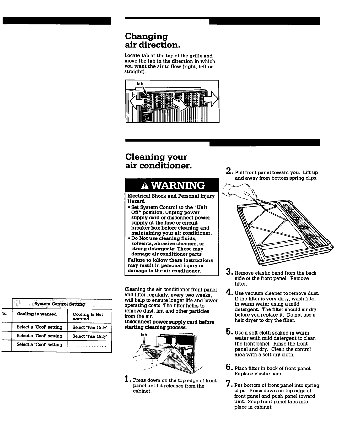 Roper X05002W0 installation instructions Changing air direction, Cleaning your air conditioner, ‘Coon setting, ‘CooYsetting 