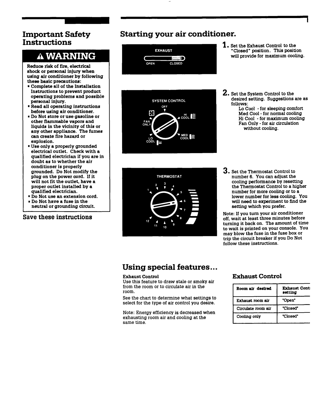 Roper X05002W0 Important Safety Instructions, Starting your air conditioner, Using special features, Exhaust, Control 