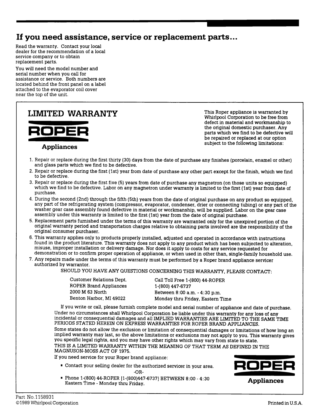 Roper X05002W0 installation instructions Limited Warranty, Appliances 