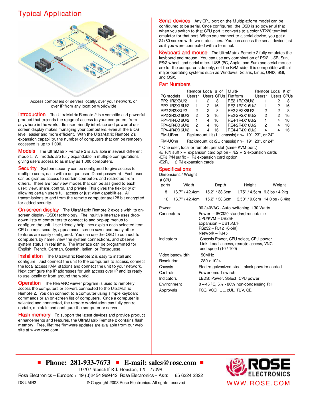 Rose electronic manual Typical Application, Part Numbers, Specifications, #Cpu, CPU/KVM DB25F 