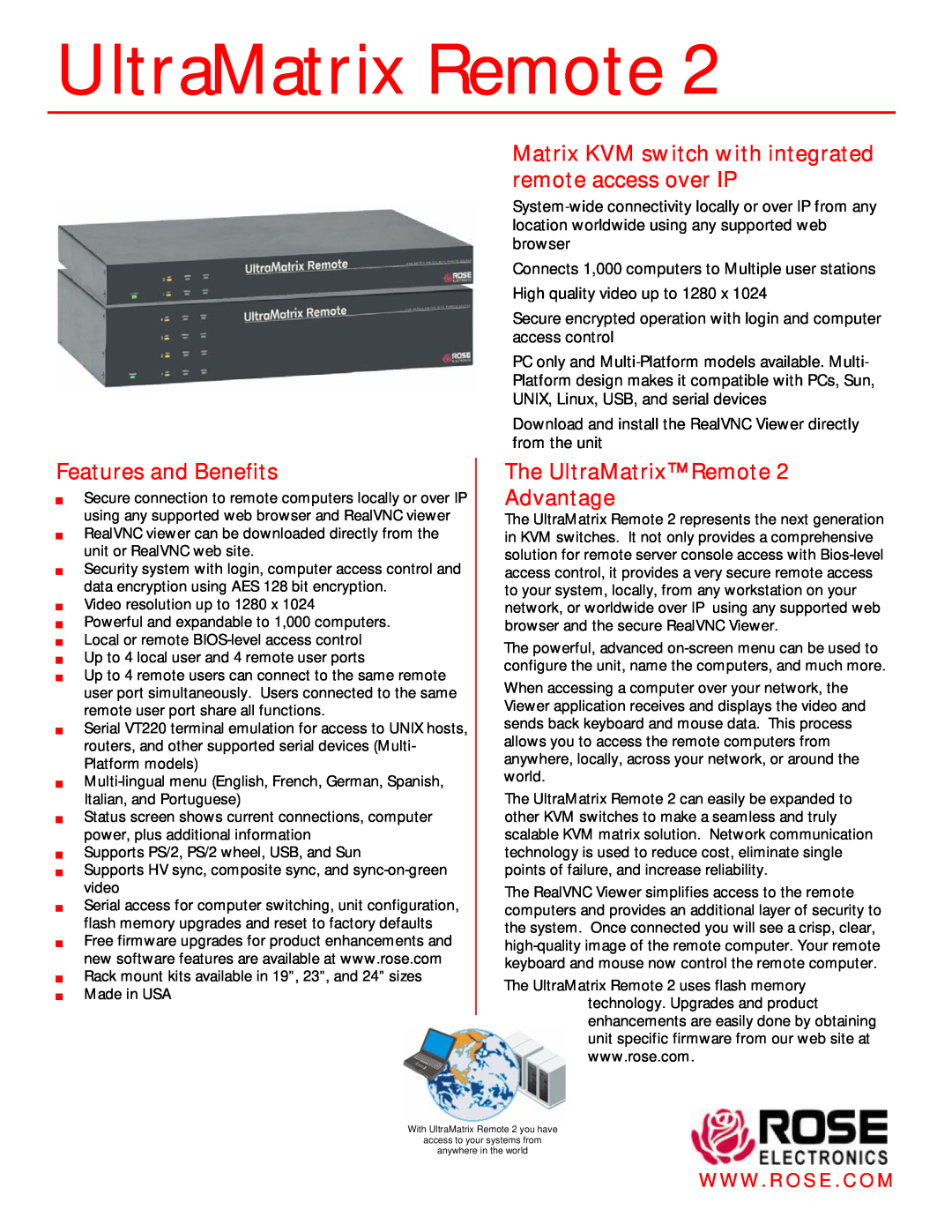 Rose electronic 2 manual Matrix KVM switch with integrated remote access over IP, Features and Benefits 
