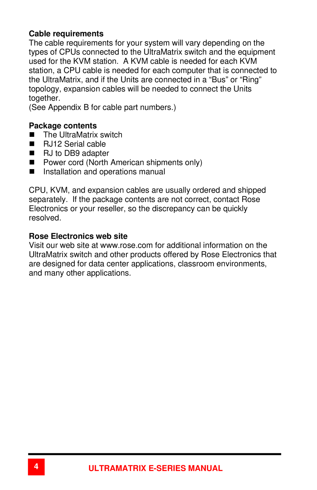 Rose electronic 2xE manual Cable requirements, Package contents, Rose Electronics web site 