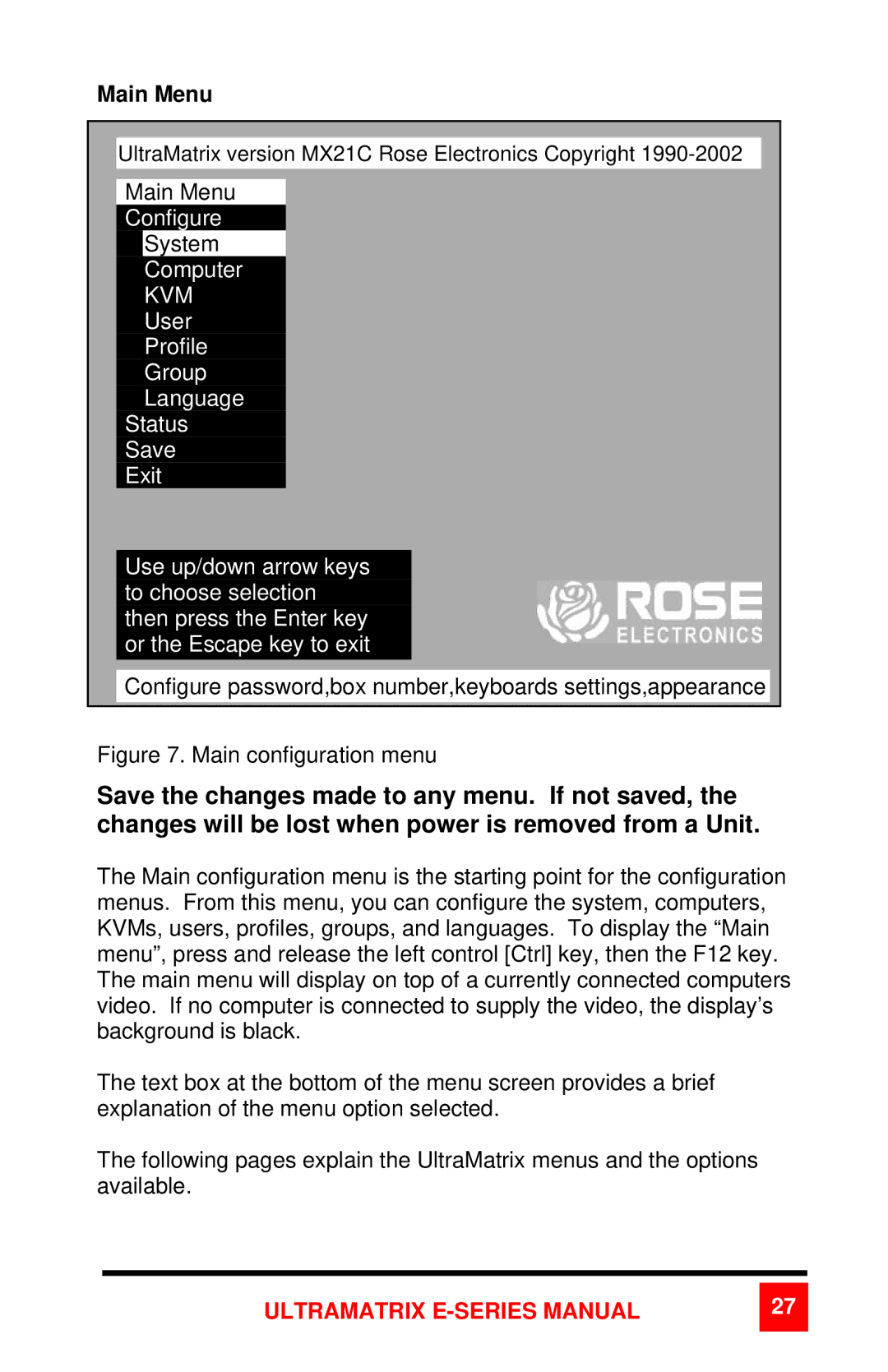 Rose electronic 2xE manual Main Menu, Kvm 