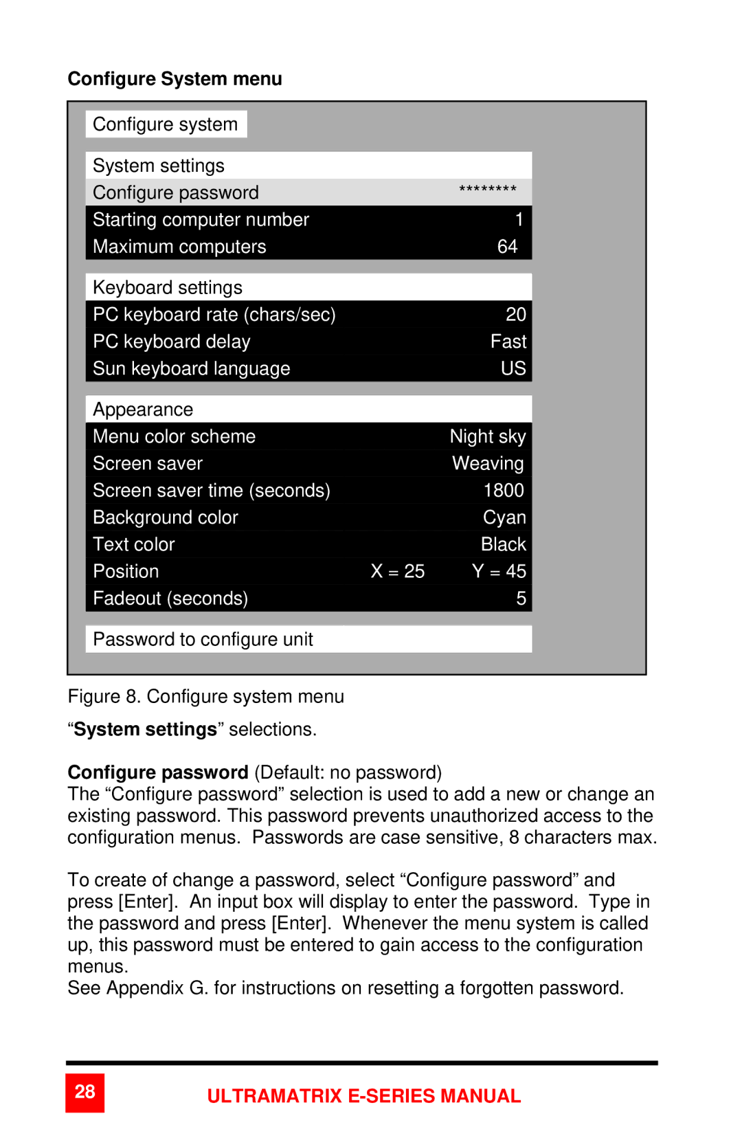 Rose electronic 2xE manual Configure System menu, System settings selections 