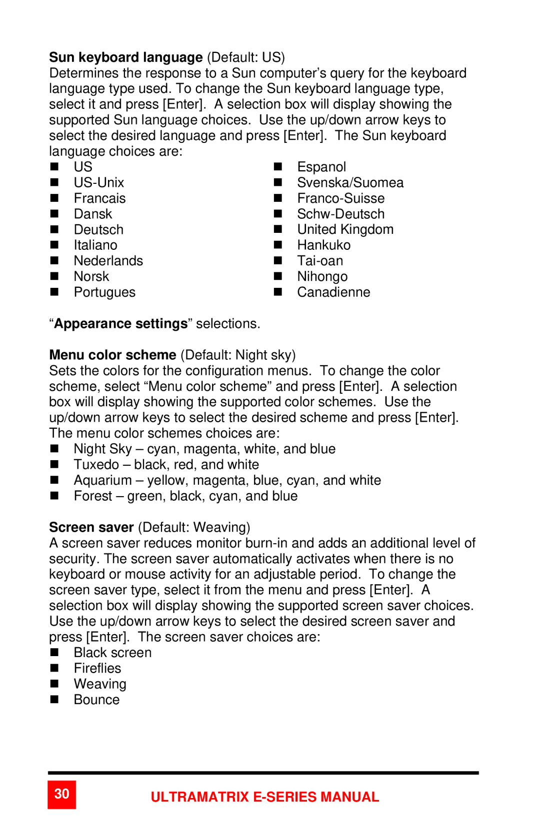 Rose electronic 2xE manual Sun keyboard language Default US, Appearance settings selections 