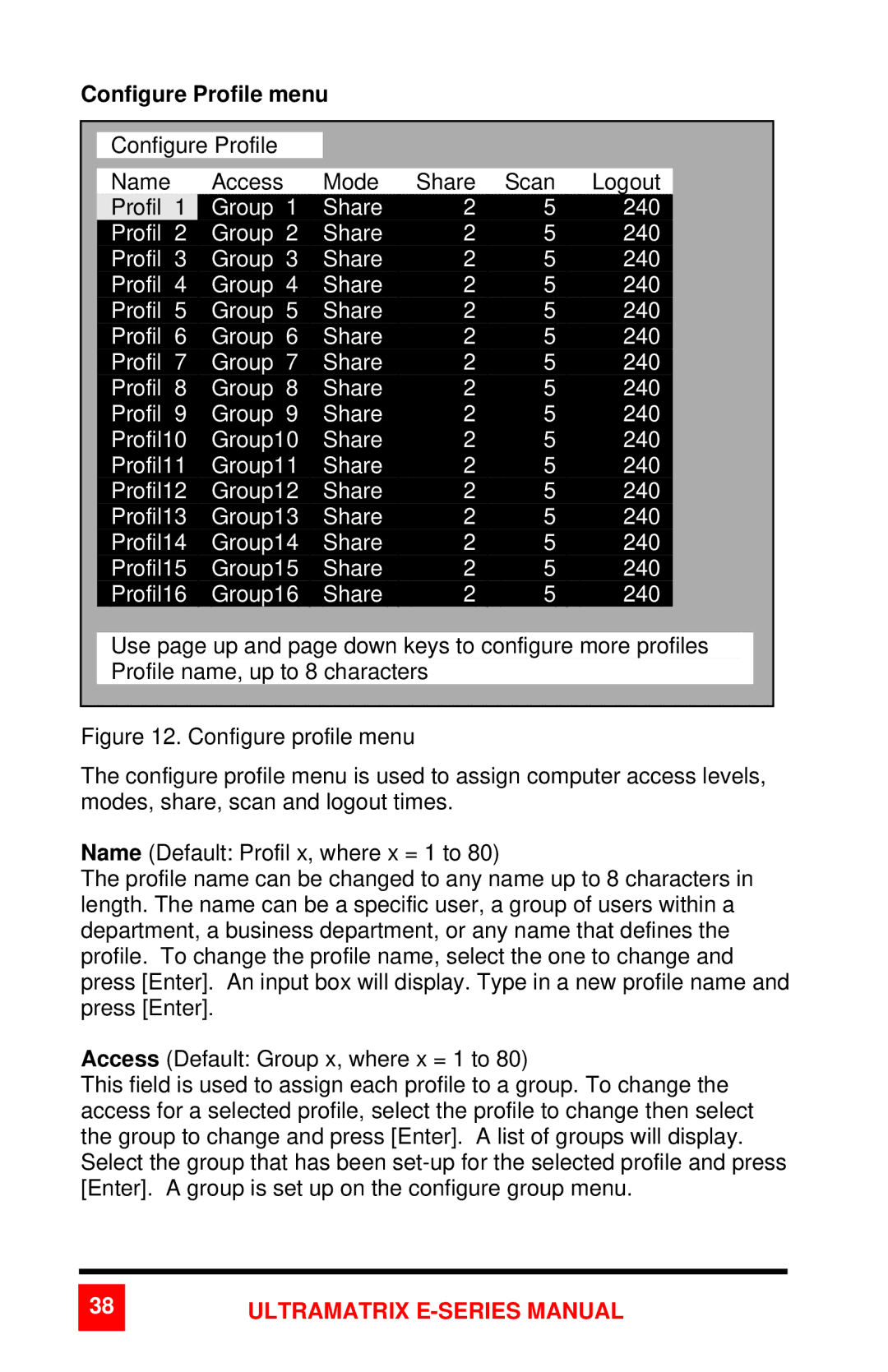 Rose electronic 2xE manual Configure Profile menu, Configure profile menu 