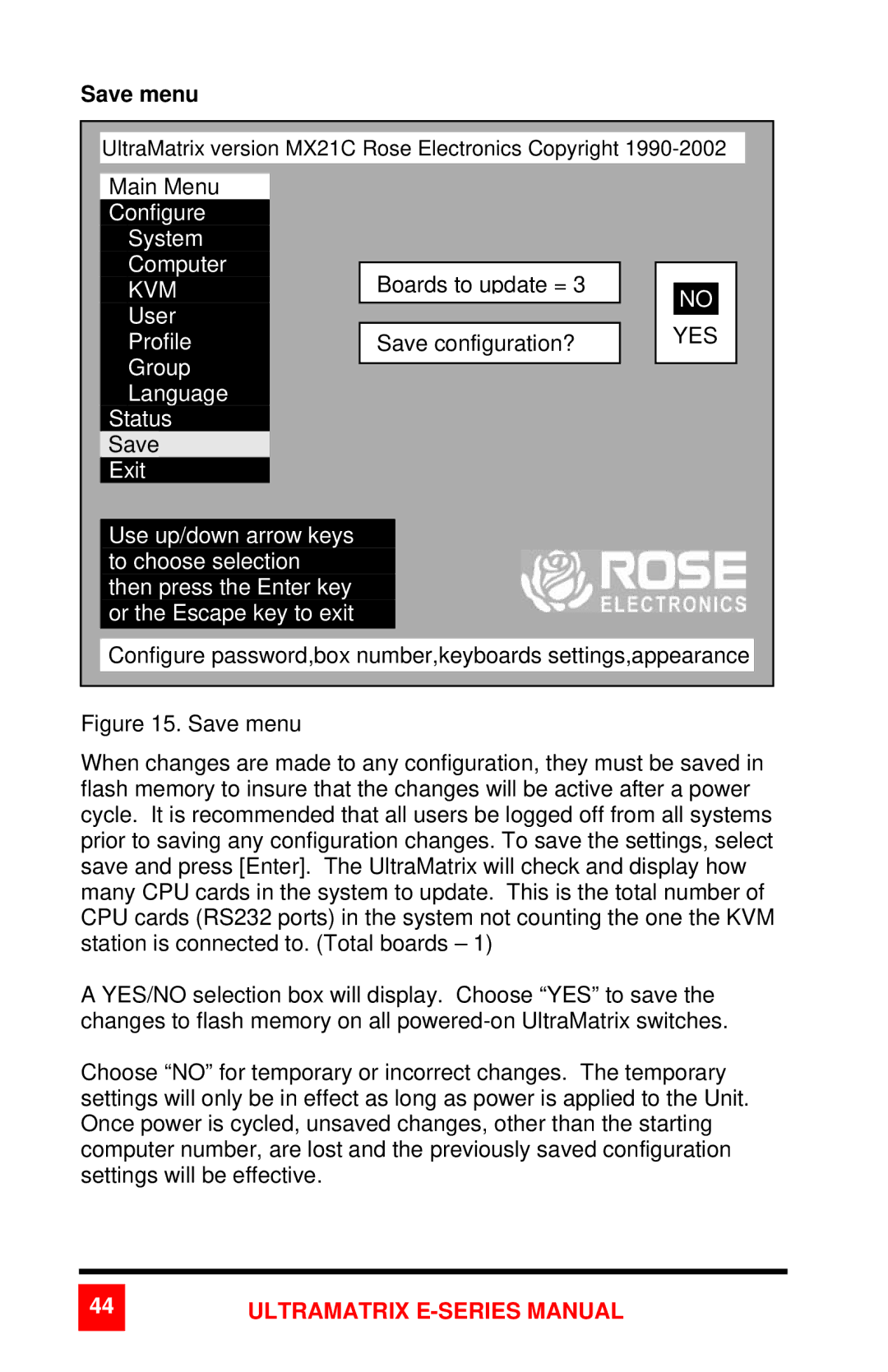 Rose electronic 2xE manual Save menu, Yes 